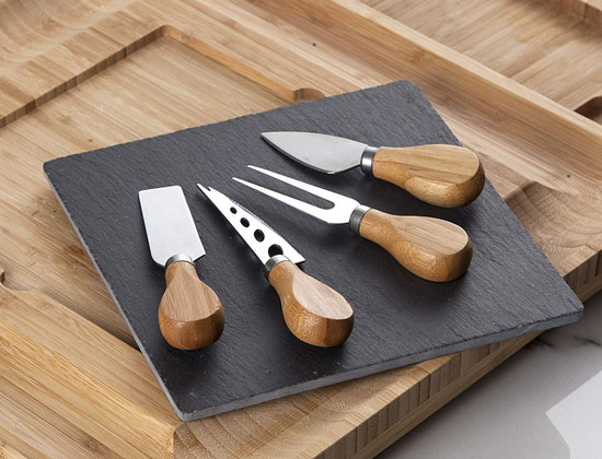 Tabla para cortar queso tabla para servir 14 x 14 cm con cajones ocultos con 4 cuchillos de queso tabla de queso de bambú 